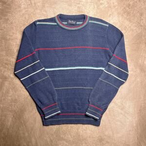Vintage 80s Par Four Striped Sweater Navy Blue Knit Long Sleeve Retro Grandpa